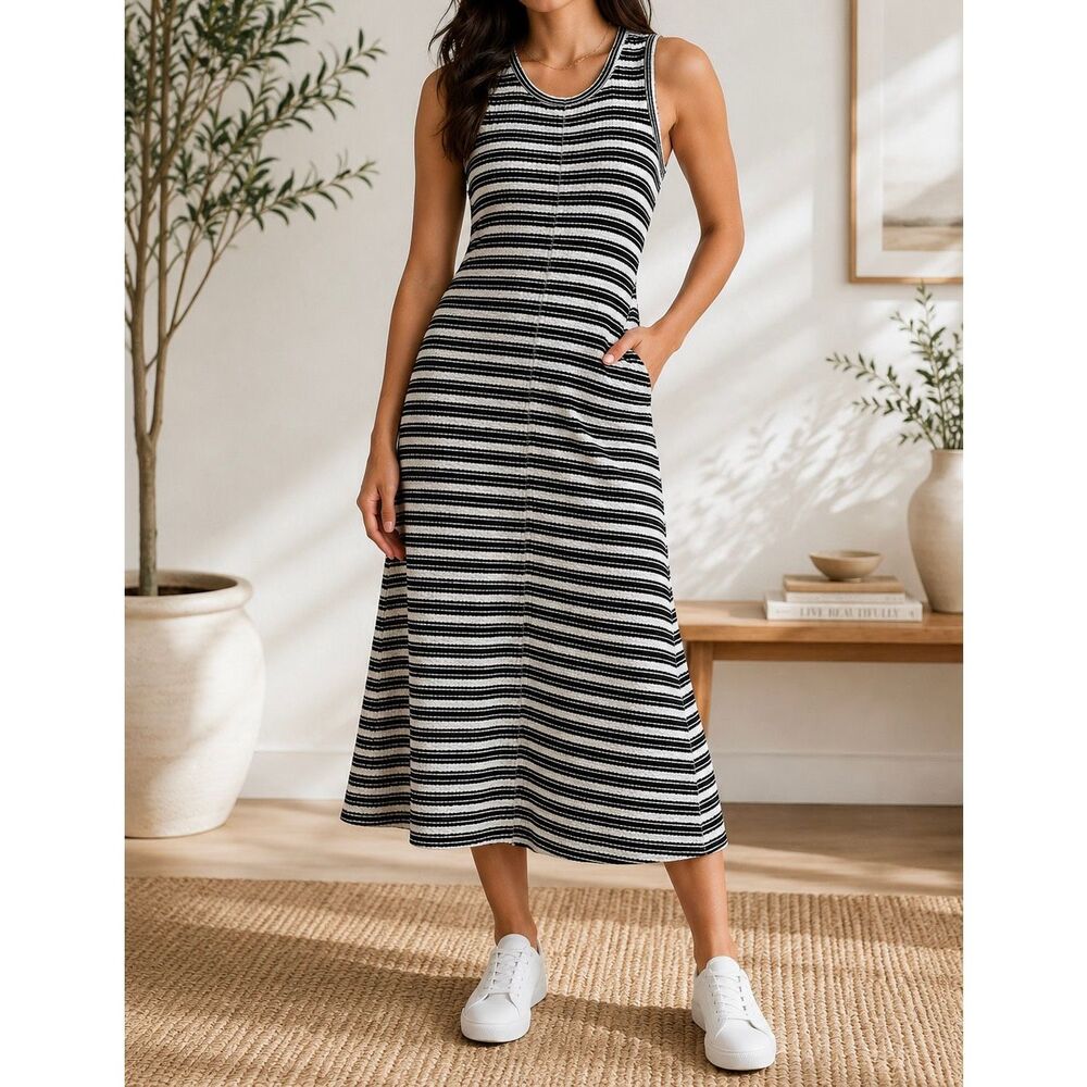Everlane Striped Sleeveless Midi Dress Black White Ribbed Size M